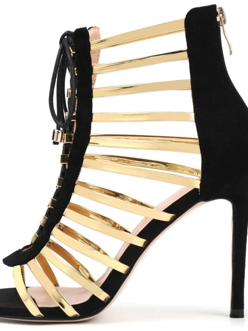 Gladiator Heels for Women Sexy Lace Up Stiletto Sandals Gold Strappy Cage Heels - Picture 3 of 6